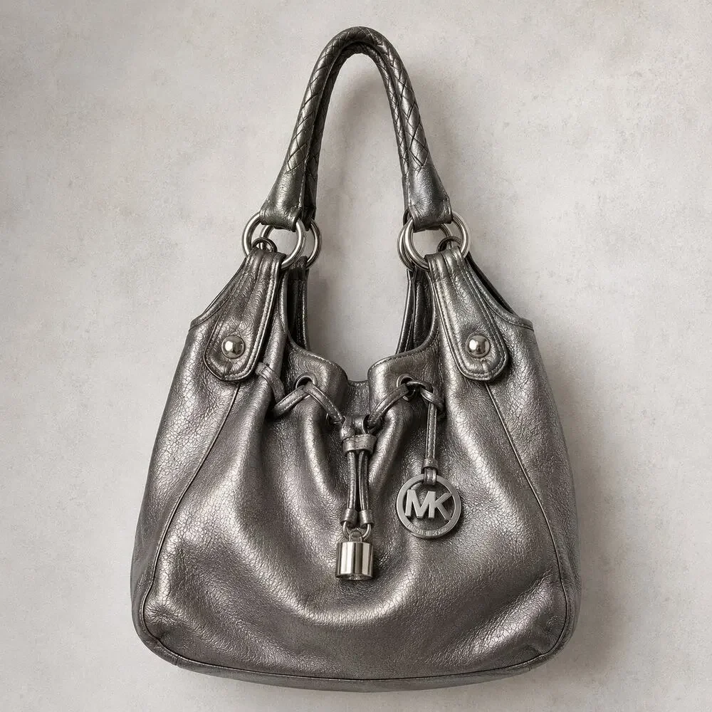 Michael Kors Metallic Silver Leather Drawstring Hobo Shoulder Bag Large